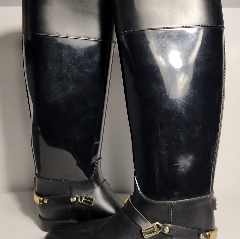 Jimmy Choo CHESHIRE Riding Black Gold Knee High Rain Boots Rubber Women Size 39 - Picture 9 of 14